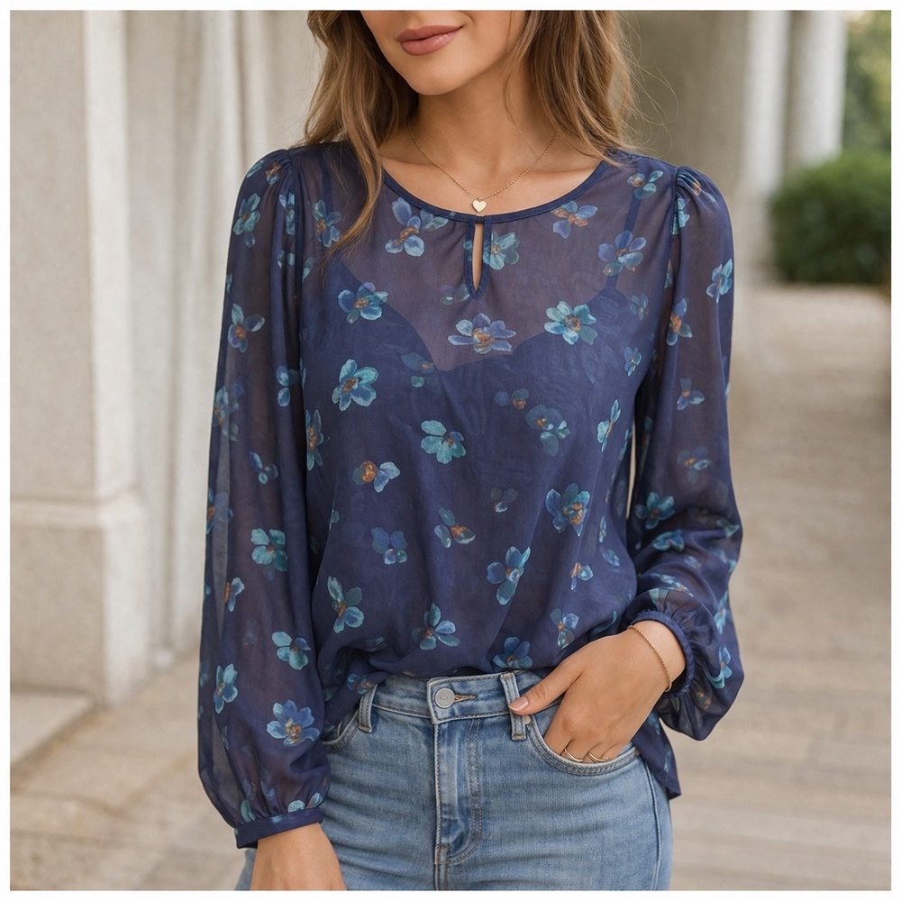 Zac & Rachel Blouse Blue Fairy Floral Sheer Balloon Sleeve Boho Top